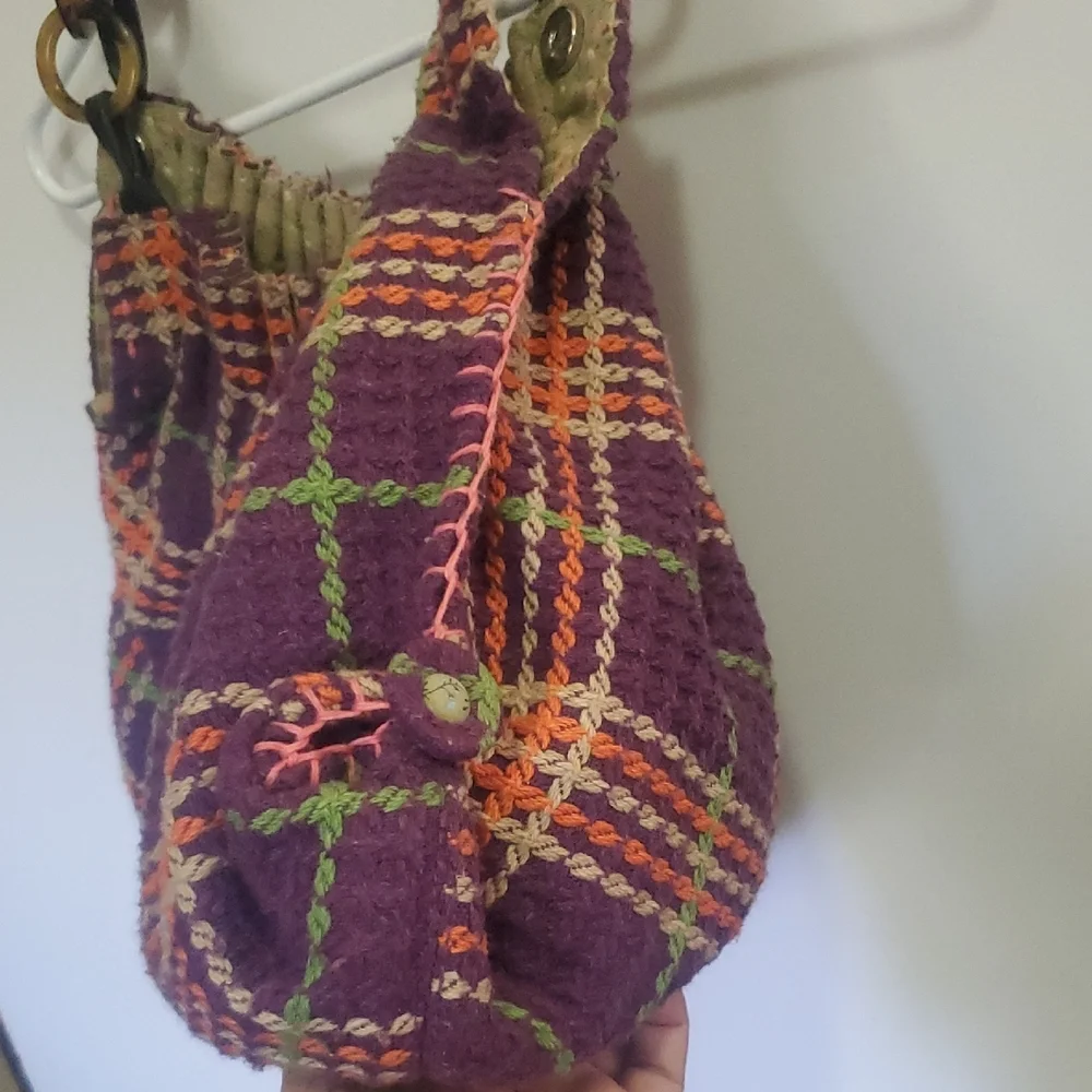 Oversized Plaid Hobo Bag Purple with Orange and Green Trim